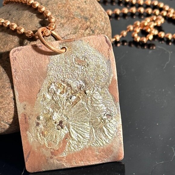 Sterling Silver 925 Reticulated Copper Dog Tag Unisex Pendant Necklace rustic - Picture 1 of 7